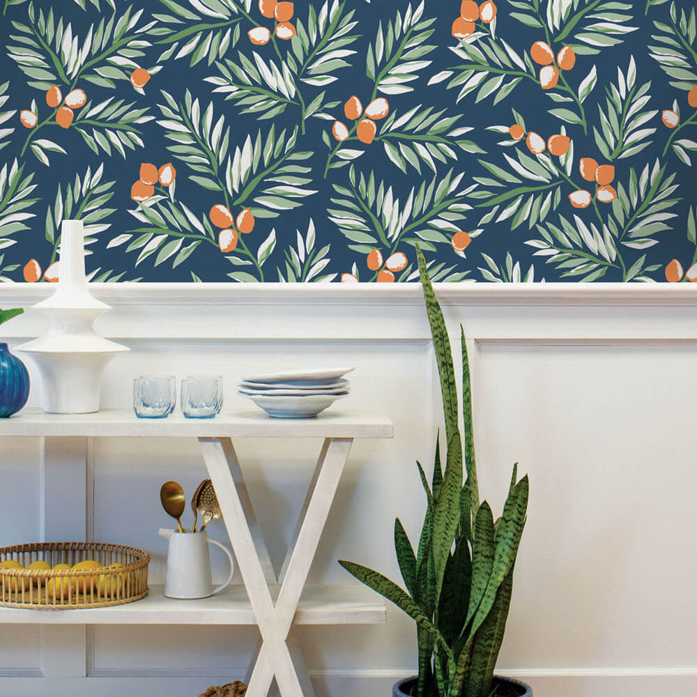 NW36702 citrus branch botanical peel and stick wallpaper dining room from NextWall