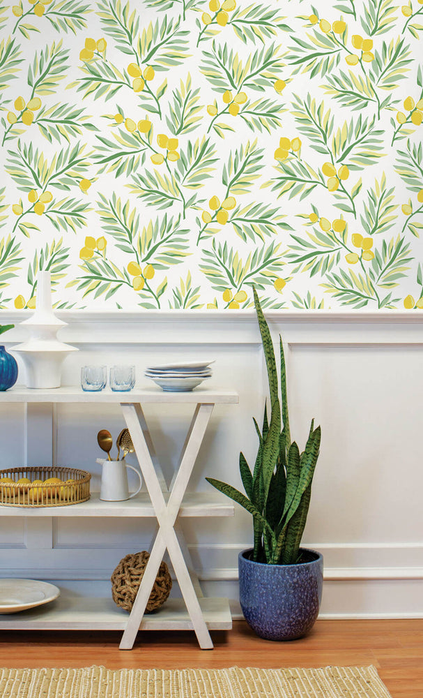 NW36703 lemon branch botanical peel and stick removable wallpaper dining room from NextWall