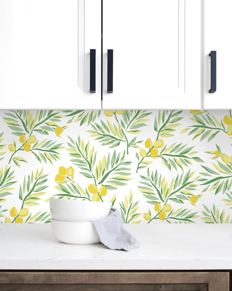 NW36703 lemon branch botanical peel and stick removable wallpaper backsplash from NextWall