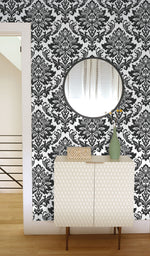 NW37400 black damask peel and stick removable wallpaper bedroom from NextWall