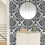 NW37400 black damask peel and stick removable wallpaper bedroom from NextWall