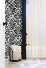 NW37400 black damask peel and stick removable wallpaper bathroom from NextWall