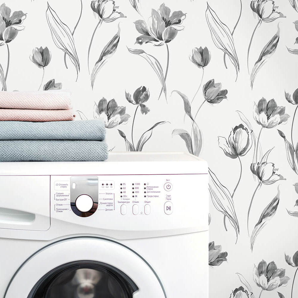NW38100 Tulip toss floral peel and stick wallpaper laundry room from NextWall