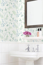 NW38204 watercolor leaf trail botanical peel and stick wallpaper bathroom from NextWall