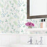 NW38204 watercolor leaf trail botanical peel and stick wallpaper bathroom from NextWall