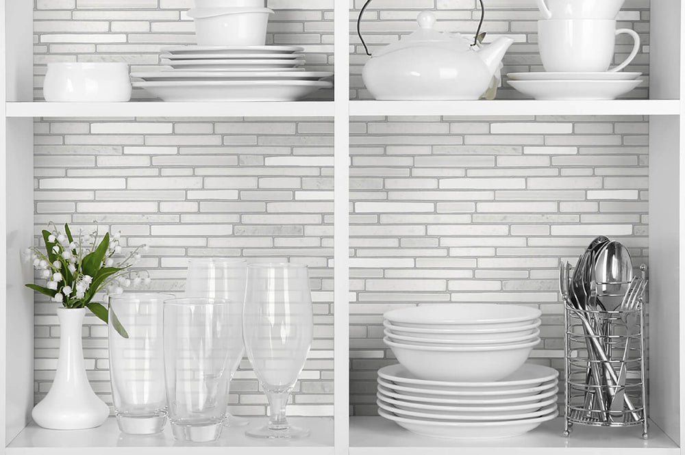 NW38400 faux mosaic tile peel and stick removable wallpaper bookcase from NextWall