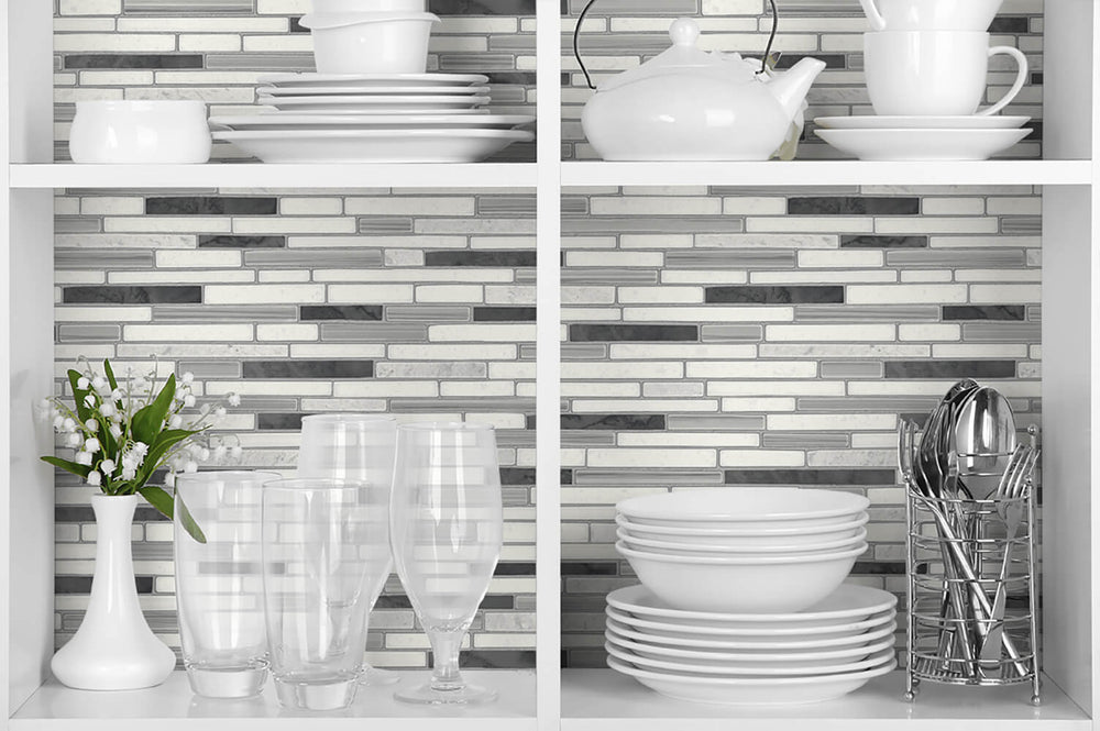 NW38410 faux mosaic tile peel and stick removable wallpaper bookcase from NextWall