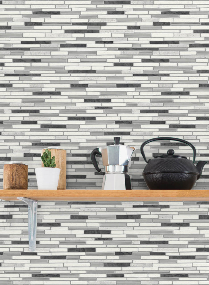 NW38410 faux mosaic tile peel and stick removable wallpaper shelf from NextWall