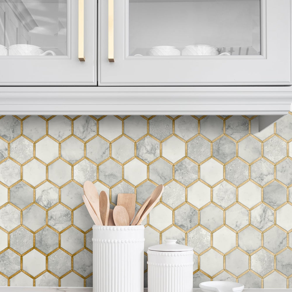 
                  
                    NW38605 inlay hexagon geometric peel and stick removable wallpaper backsplash from NextWall
                  
                