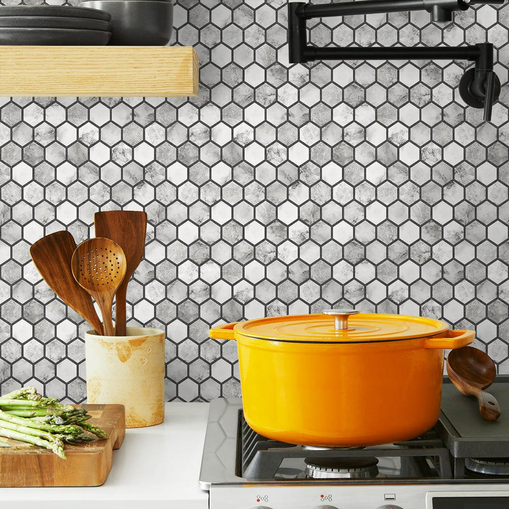
                  
                    NW38700 marble hexagon faux peel and stick wallpaper backsplash from NextWall
                  
                