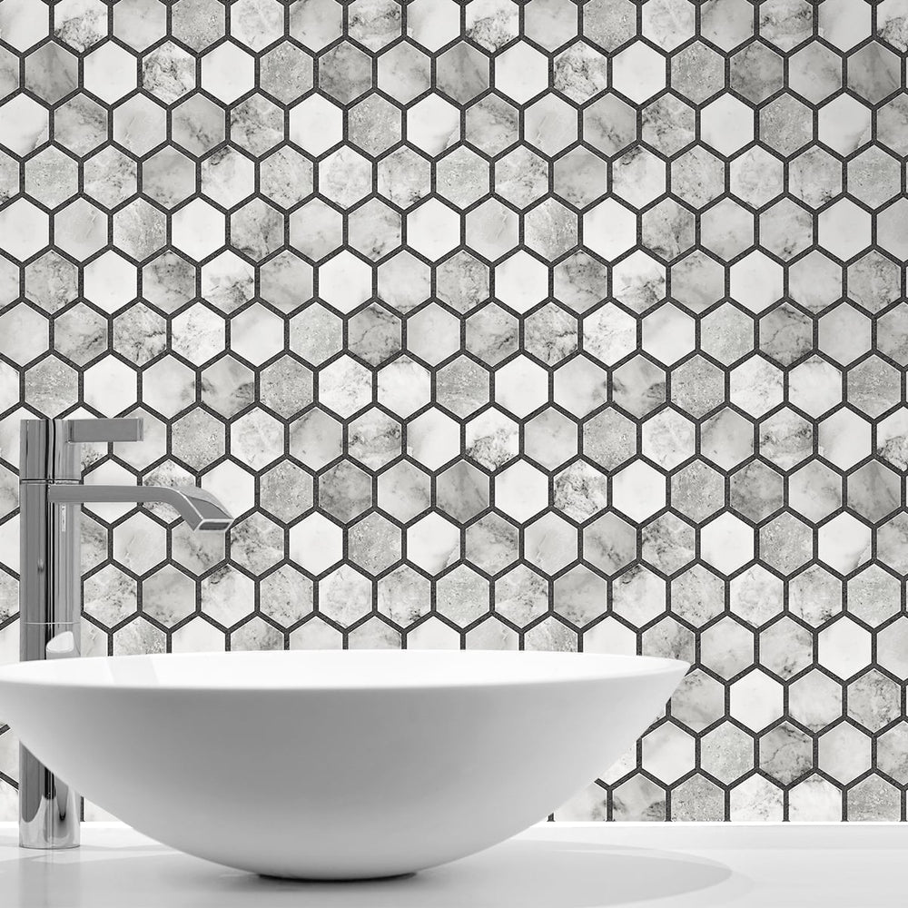
                  
                    NW38700 marble hexagon faux peel and stick wallpaper bathroom from NextWall
                  
                