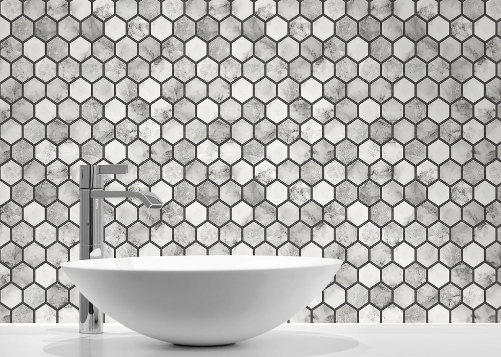 NW38700 marble hexagon faux peel and stick wallpaper bathroom from NextWall