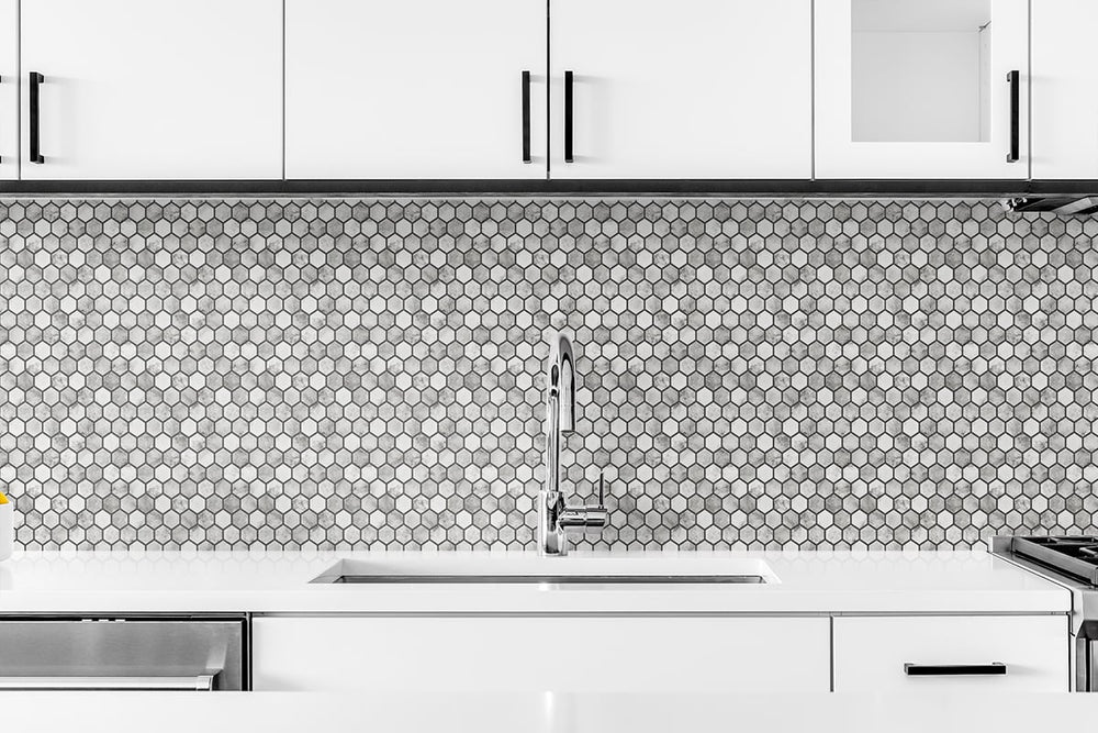 NW38700 marble hexagon faux peel and stick wallpaper kitchen backsplash from NextWall