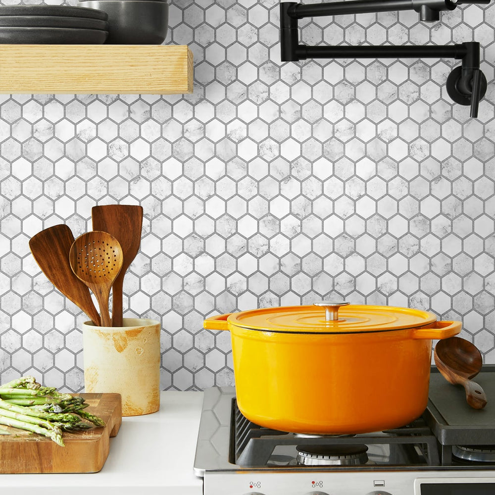 
                  
                    NW38710 marble hexagon faux peel and stick wallpaper backsplash from NextWall
                  
                