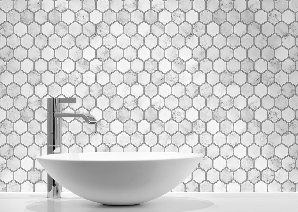 NW38710 marble hexagon faux peel and stick wallpaper bathroom from NextWall