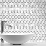 NW38710 marble hexagon faux peel and stick wallpaper bathroom from NextWall
