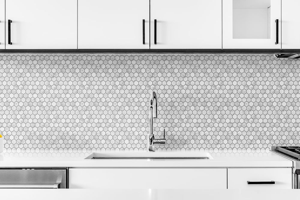 NW38710 marble hexagon faux peel and stick wallpaper kitchen backsplash from NextWall