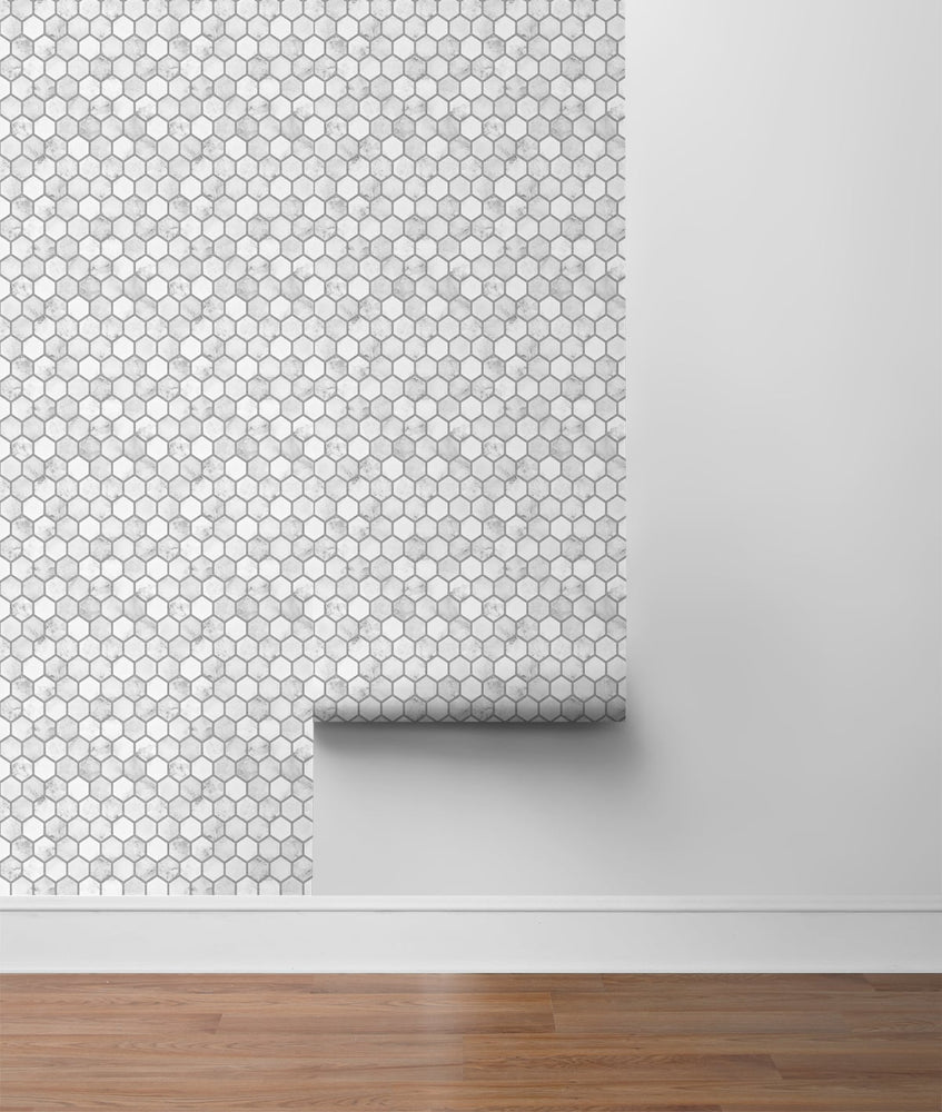 NW38710 marble hexagon faux peel and stick wallpaper roll from NextWall
