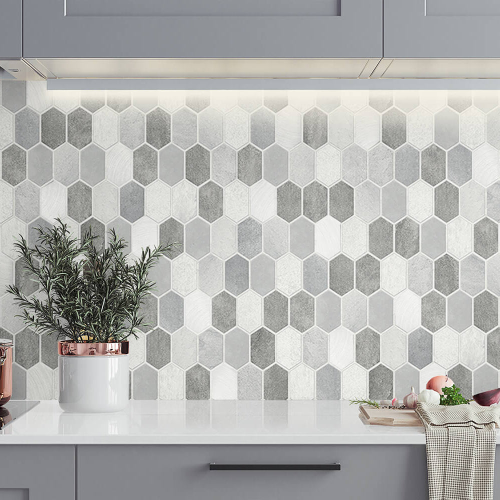 NW38803 brushed hex faux tile peel and stick removable wallpaper backsplash from NextWall