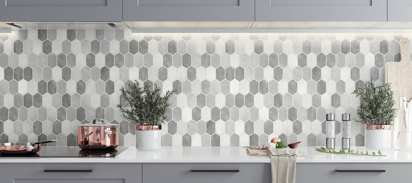 NW38803 brushed hex faux tile peel and stick removable wallpaper backsplash from NextWall