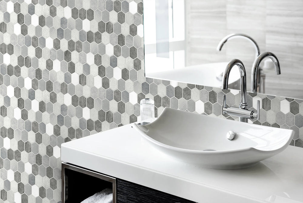 NW38803 brushed hex faux tile peel and stick removable wallpaper bathroom from NextWall