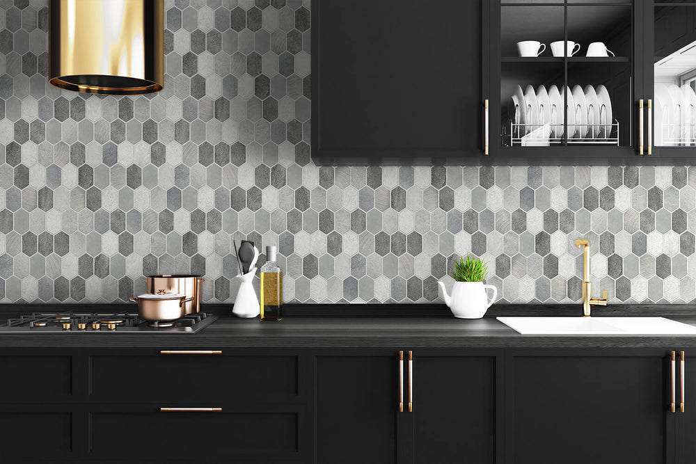 NW38805 brushed hex faux tile peel and stick removable wallpaper kitchen from NextWall