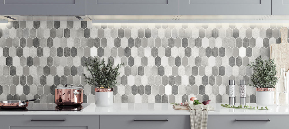 NW38805 brushed hex faux tile peel and stick removable wallpaper backsplash from NextWall