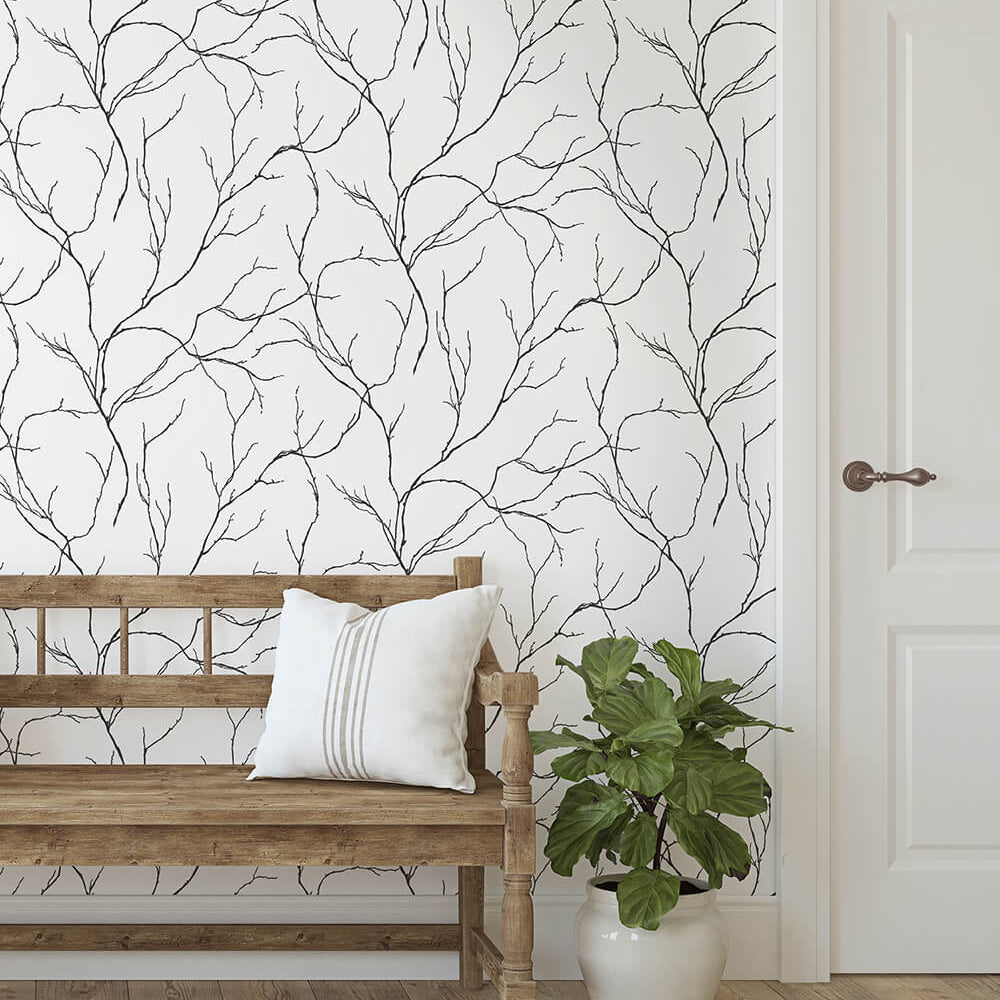 NW39000 delicate branches botanical peel and stick removable wallpaper entryway from NextWall