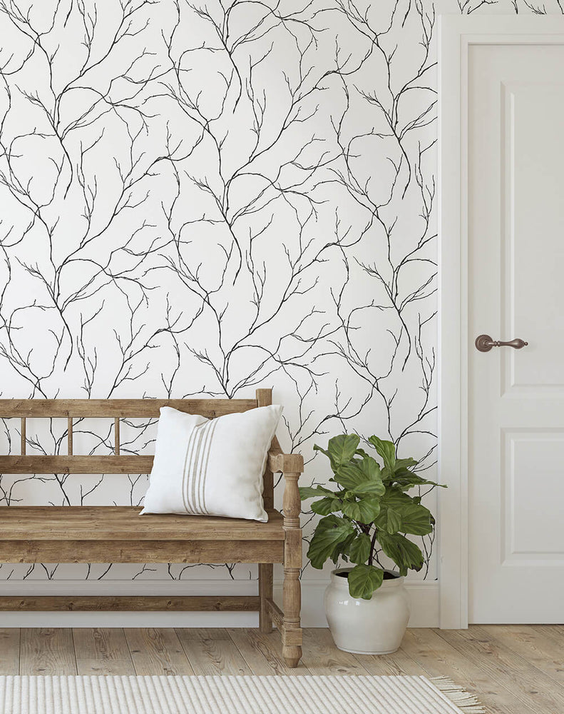 NW39000 delicate branches botanical peel and stick removable wallpaper entryway from NextWall