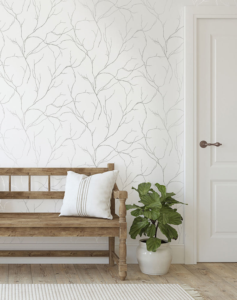 NW39008 delicate branches botanical peel and stick removable wallpaper entryway from NextWall