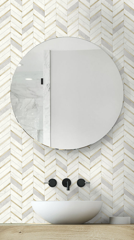 NW39205 faux chevron marble tile peel and stick removable wallpaper bathroom from NextWall