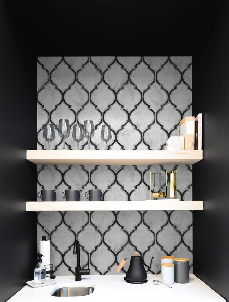 NW39300 marbled ogee faux tile peel and stick removable wallpaper wet bar from NextWall