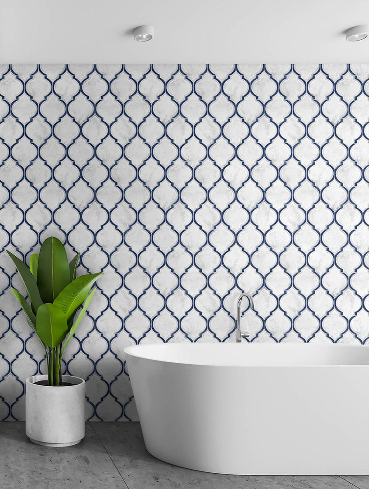 NW39302 marbled ogee faux tile peel and stick removable wallpaper bathroom from NextWall