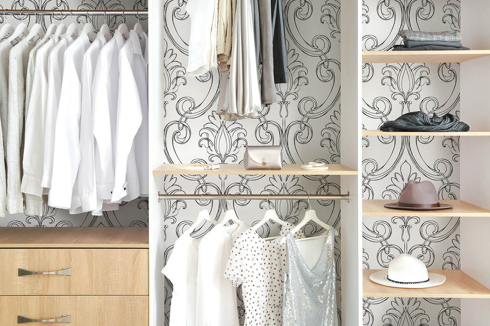 NW39400 sketched damask peel and stick removable wallpaper closet from NextWall