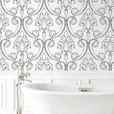 NW39400 sketched damask peel and stick removable wallpaper bathroom from NextWall