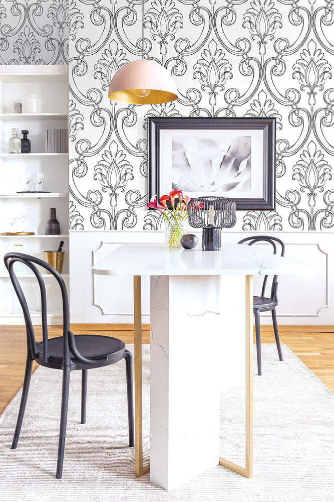 NW39400 sketched damask peel and stick removable wallpaper dining room from NextWall