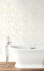 NW39405 sketched damask peel and stick removable wallpaper bathroom from NextWall