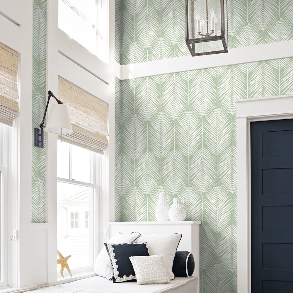NW39804 palm silhouette coastal peel and stick removable wallpaper beach bedroom from NextWall