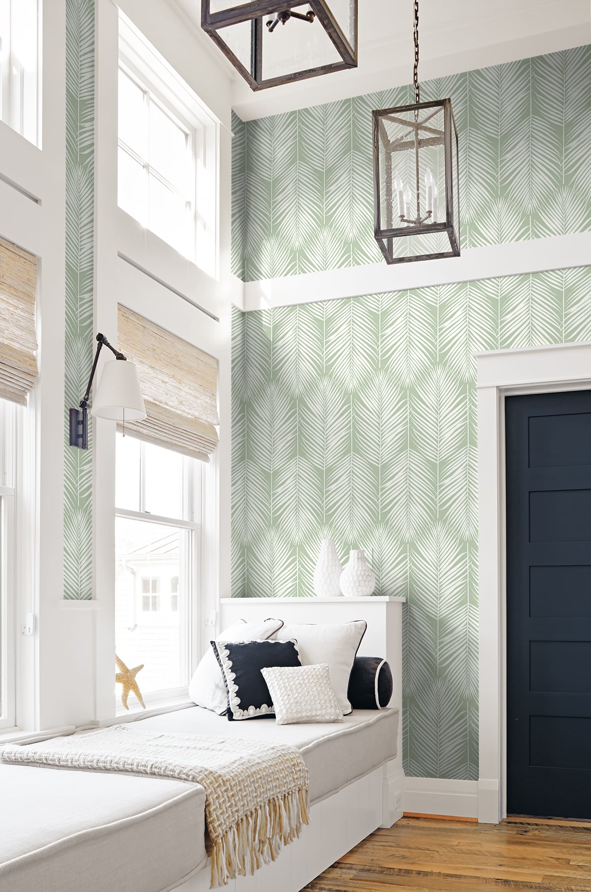 NW39804 palm silhouette coastal peel and stick removable wallpaper beach bedroom from NextWall