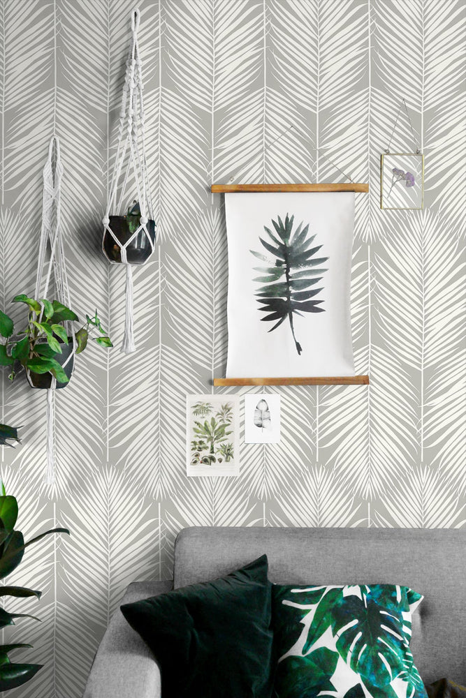 NW39808 palm silhouette coastal peel and stick removable wallpaper living room from NextWall