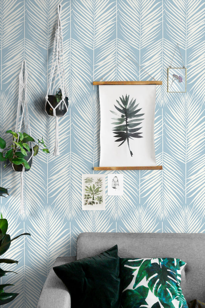 NW39812 palm silhouette coastal peel and stick removable wallpaper living room from NextWall