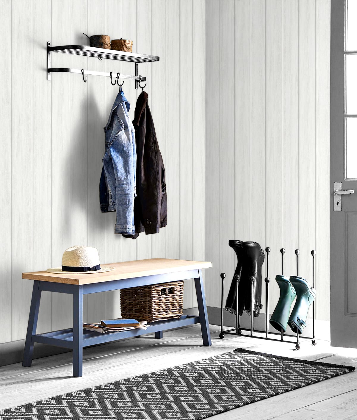 NW39900 wood panel faux peel and stick wallpaper entryway from NextWall