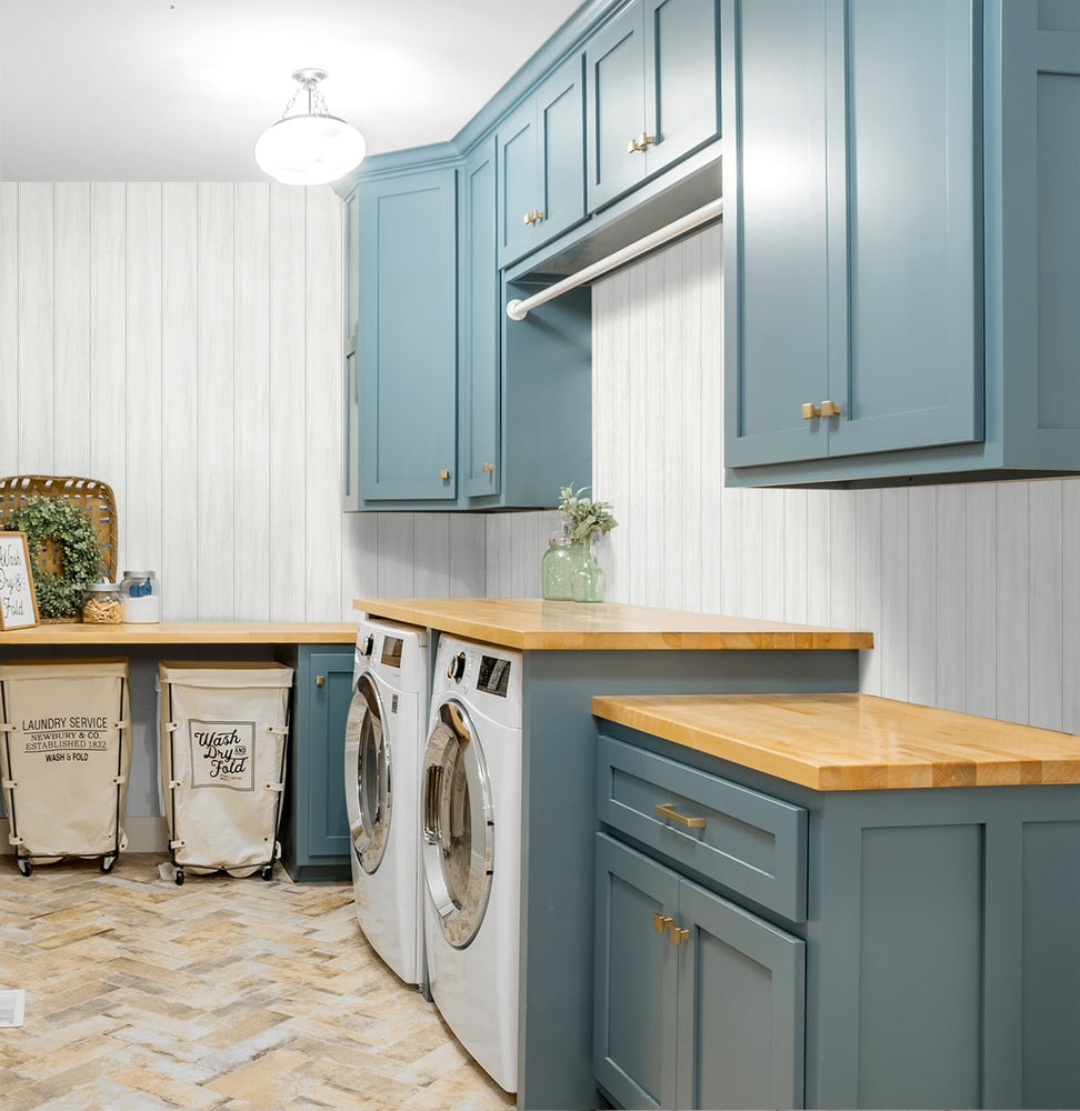 NW39900 wood panel faux peel and stick wallpaper laundry room from NextWall
