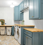 NW39900 wood panel faux peel and stick wallpaper laundry room from NextWall