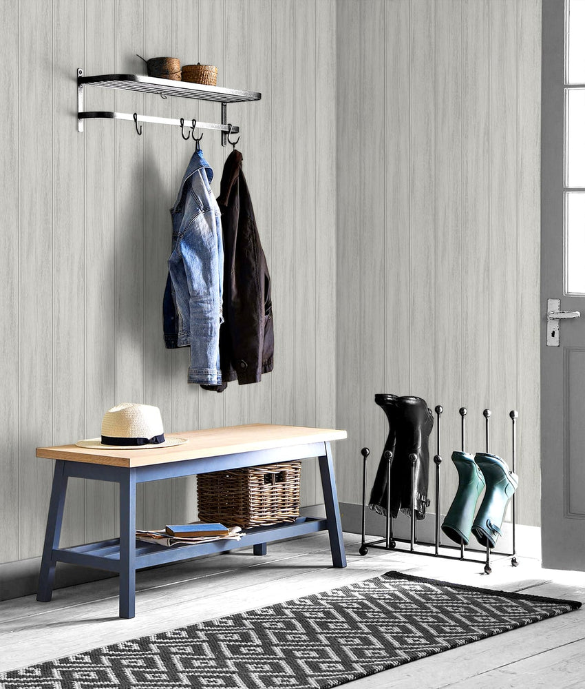 NW39906 wood panel faux peel and stick wallpaper entryway from NextWall
