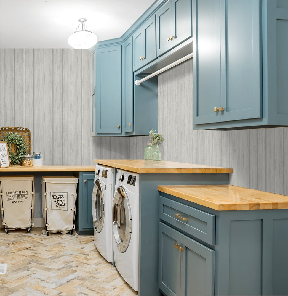 NW39906 wood panel faux peel and stick wallpaper laundry room from NextWall