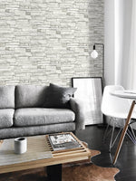 NW40200 faux stacked stone peel and stick wallpaper living room from NextWall