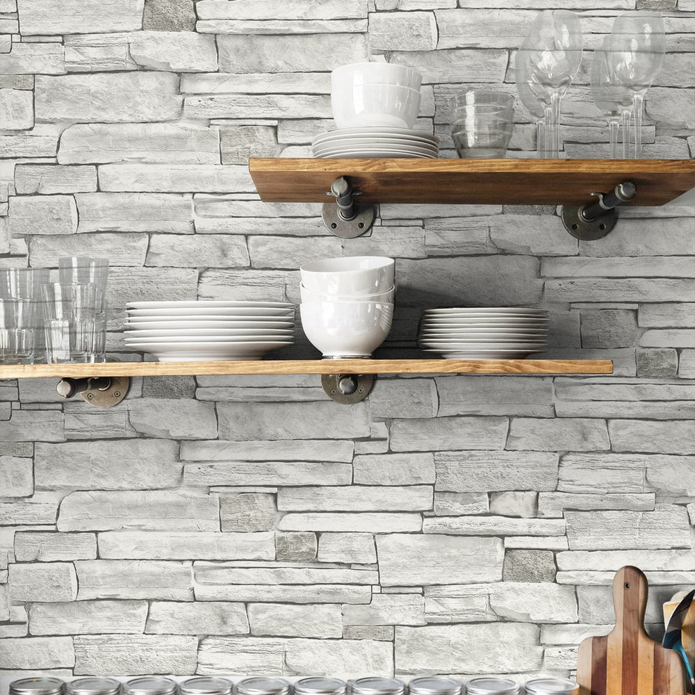 
                  
                    NW40200 faux stacked stone peel and stick wallpaper kitchen from NextWall
                  
                