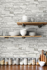 NW40200 faux stacked stone peel and stick wallpaper kitchen from NextWall