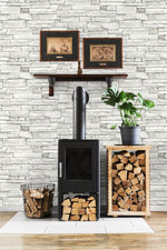 NW40200 faux stacked stone peel and stick wallpaper fireplace from NextWall